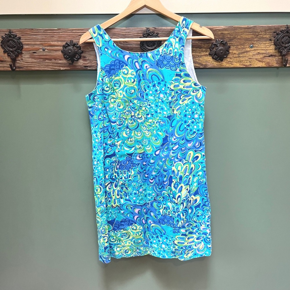 Lilly Pulitzer Blue GreenPeacock Print Shift Dress Starfish Zipper 8‎